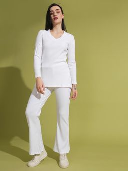 Globus - Women White V-Neck Ribbed Straight Length Top and Trousers (Set of 2)