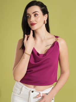 Globus - Women Burgundy Crop Party Top with Metal Buckle Strap