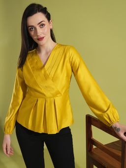 Globus - Women Yellow Solid Pleated Detail Workwear Peplum Top