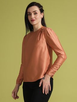 Globus - Women Rust Pleated Detail Curved Hem Party Top