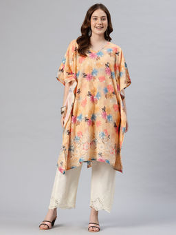 SWI STYLISH - Women Beige Embroidered Pure Cotton Kaftan Kurta with Pant