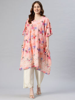 SWI STYLISH - Women Pink Embroidered Pure Cotton Kaftan Kurta with Pant