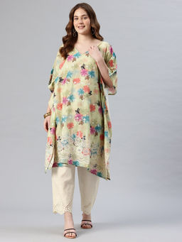 SWI STYLISH - Women Green Embroidered Pure Cotton Kaftan Kurta with Pant