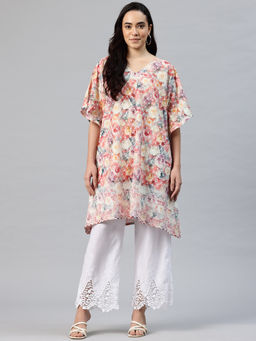 SWI STYLISH - Women Pink Embroidered Pure Cotton Kaftan Kurta with Pant