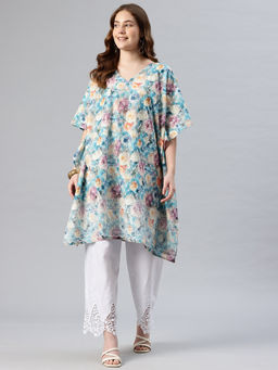 SWI STYLISH - Women Turquoise Embroidered Pure Cotton Kaftan Kurta with Pant