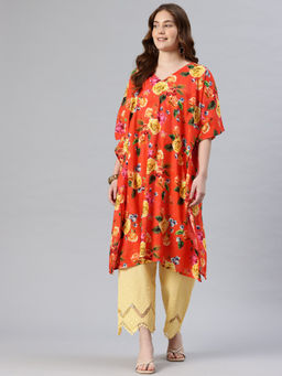 SWI STYLISH - Women Red Embroidered Pure Cotton Kaftan Kurta with Pant