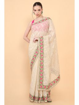 Soch - Women Beige Organza Embroidered Saree with Unstitched Blouse