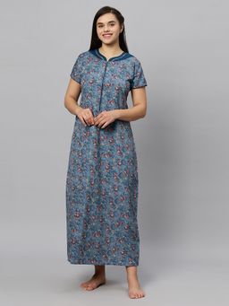 Quira - Women Blue Cotton Blend Printed Nightdress
