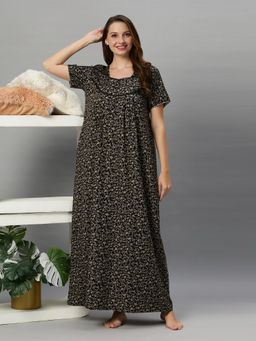 Quira - Women Black Cotton Blend Printed Nightdress