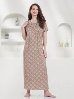 Quira - Women Brown Cotton Blend Printed Nightdress