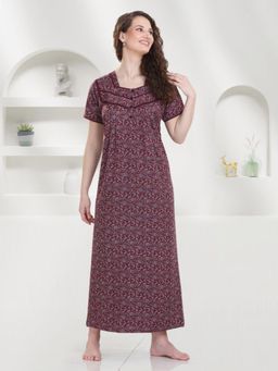 Quira - Women Maroon Cotton Blend Printed Nightdress