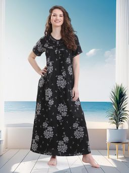 Quira - Women Black Viscose Rayon Printed Nightdress