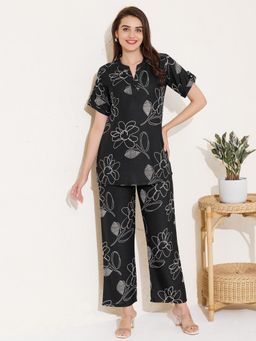 Quira - Women Black Viscose Rayon Printed Top with Pyjama