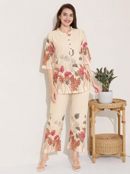 Quira - Women Beige Linen Printed Top with Pyjama