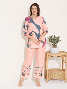 Quira - Women Pink Linen Printed Top with Pyjama