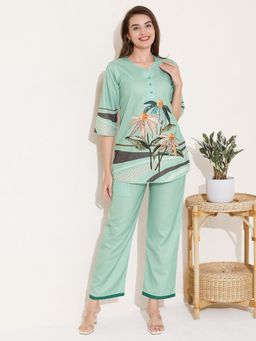 Quira - Women Green Linen Printed Top with Pyjama