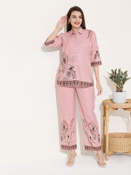 Quira - Women Pink Linen Printed Top with Pyjama