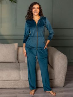 Chelvet - Women Teal Velvet Solid Jacket with Pyjama