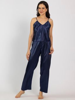 Chelvet - Women Navy Blue Satin Solid Cami with Pyjama