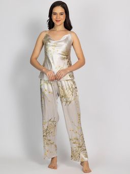 Chelvet - Women Grey Satin Floral Cami with Pyjama