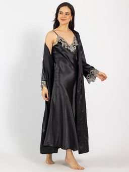 Chelvet - Women Black Satin Embroidered Nightdress with Robe
