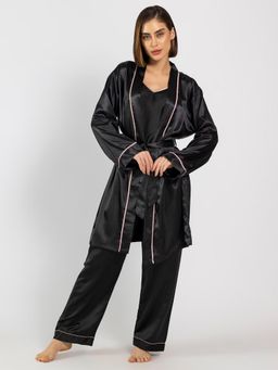 Chelvet - Women Black Satin Solid Robe with Belt