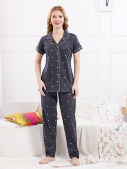 Quira - Women Grey Pure Cotton Printed Shirt with Pyjama