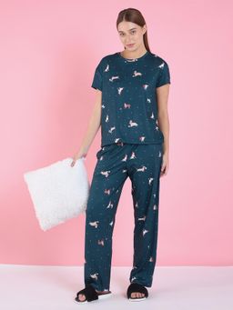 Sweet Dreams - Women Green Cotton Blend Printed Top with Pyjama