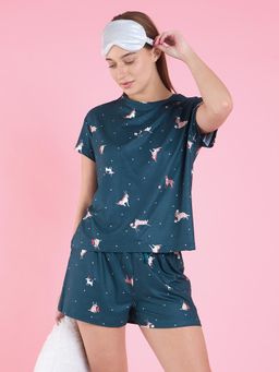 Sweet Dreams - Women Green Cotton Blend Printed Top with Shorts