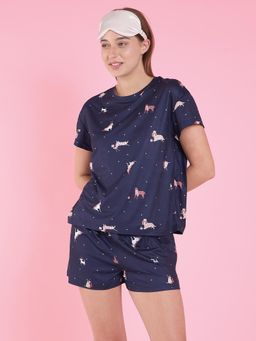Sweet Dreams - Women Navy Blue Cotton Blend Printed Top with Shorts