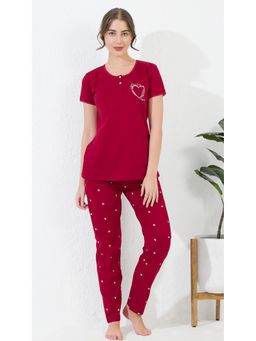 Quira - Women Red Pure Cotton Printed Top with Pyjama
