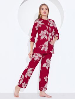 Quira - Women Red Viscose Rayon Printed Top with Pyjama