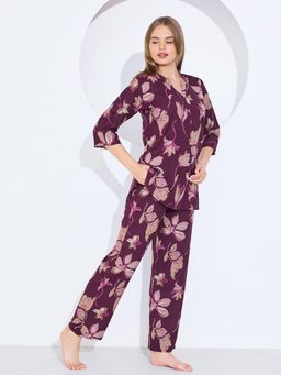 Quira - Women Wine Viscose Rayon Printed Top with Pyjama