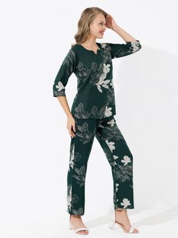 Quira - Women Green Viscose Rayon Printed Top with Pyjama