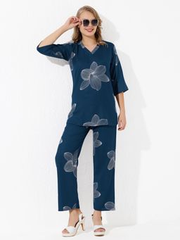 Quira - Women Blue Viscose Rayon Printed Top with Pyjama