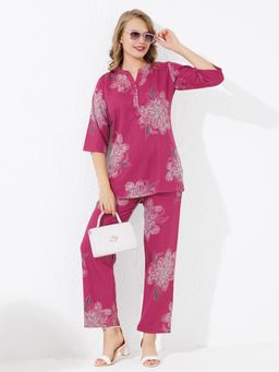 Quira - Women Pink Viscose Rayon Printed Top with Pyjama