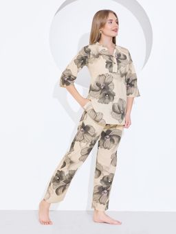 Quira - Women Grey Linen Printed Top with Pyjama