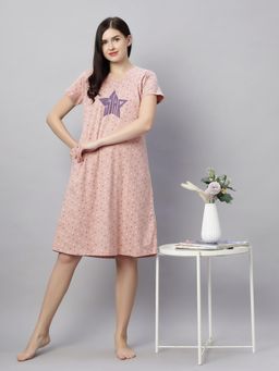 Quira - Women Pink Pure Cotton Printed Nightdress