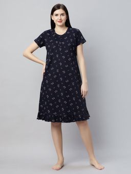 Quira - Women Navy Blue Pure Cotton Printed Nightdress