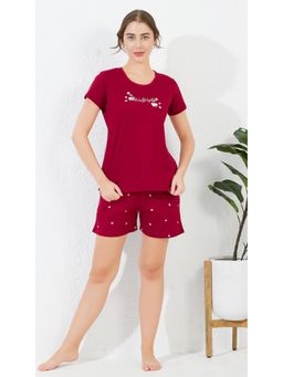 Quira - Women Red Pure Cotton Printed T-Shirt with Shorts