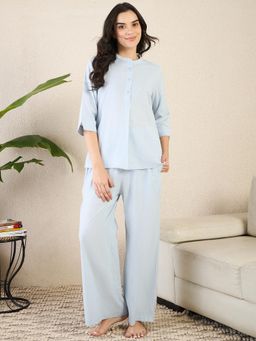 July Nightwear - Women Blue Cotton Solid Kurti with Pyjama