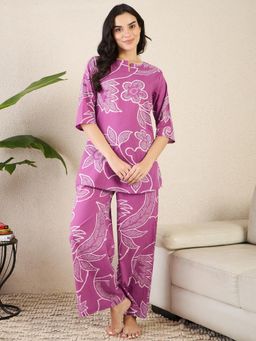 July Nightwear - Women Mauve Cotton Floral Kurti with Pyjama