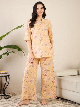 July Nightwear - Women Yellow Cotton Floral Kurti with Pyjama