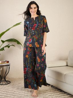 July Nightwear - Women Black Cotton Floral Kurti with Pyjama