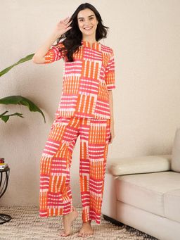 July Nightwear - Women Orange Cotton Checks Kurti with Pyjama