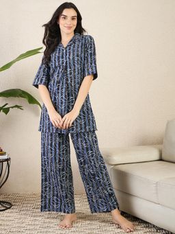 July Nightwear - Women Blue Cotton Floral Kurti with Pyjama