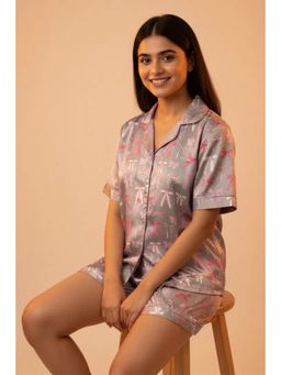Zivame - Women Grey Satin Printed Top with Shorts