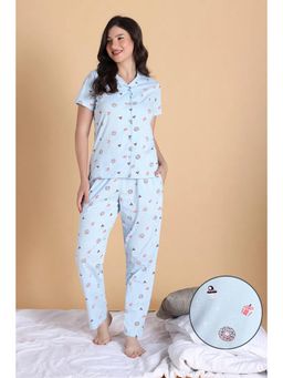 Zivame - Women Blue Knit Cotton Printed Top with Pyjama