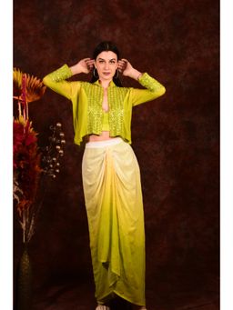 LAALZARI - Parrot Green Crop Top with Pleated Skirt and Short Jacket (Set of 3)