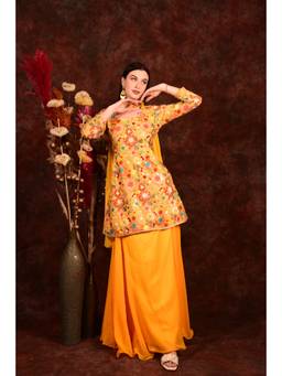 LAALZARI - Floral Yellow Peplum Kurta and Skirt with Neck Band Dupatta (Set of 3)